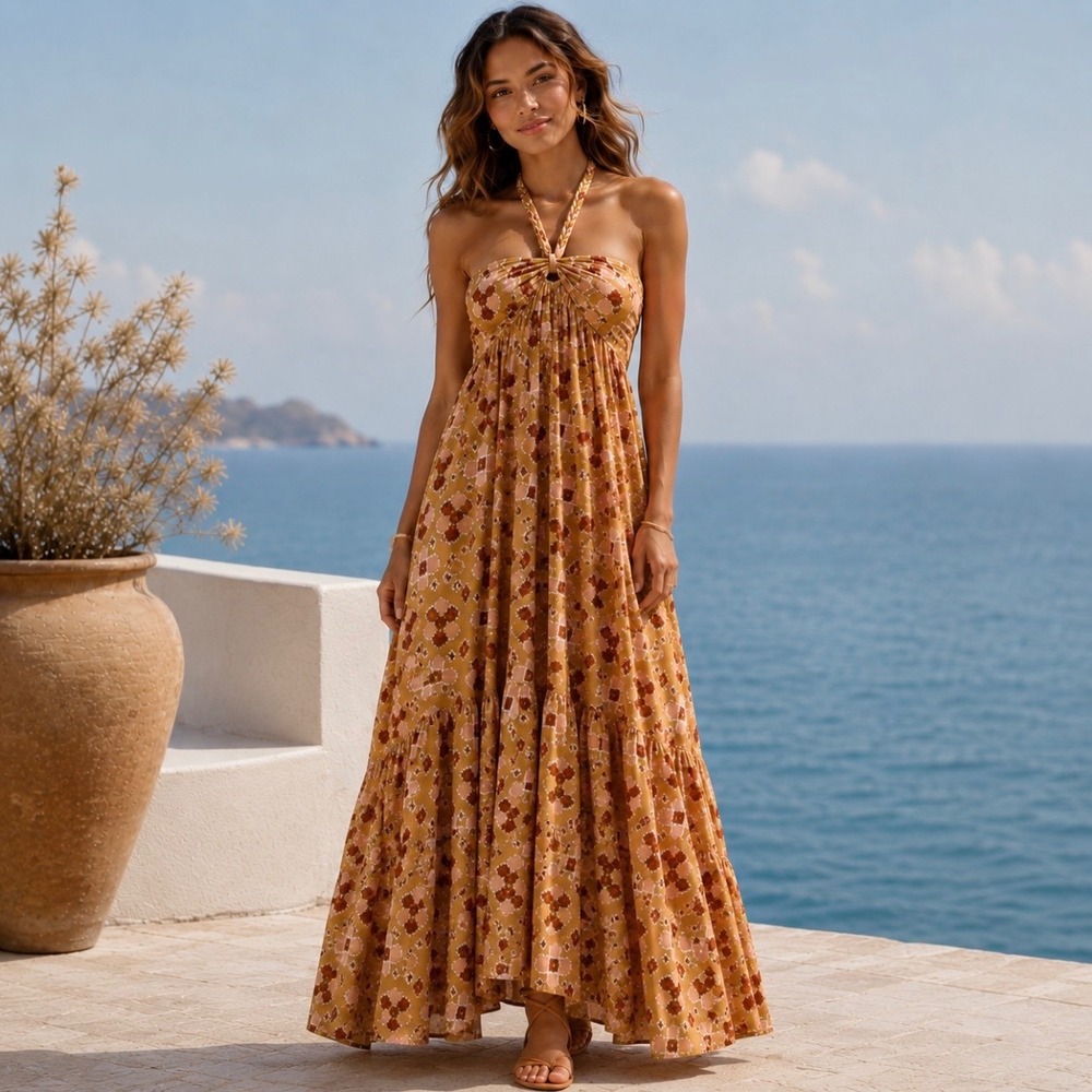 Aerie High Low Halter Linen Blend Maxi‎ Sun Dress NWOT L Yellow Floral Braided